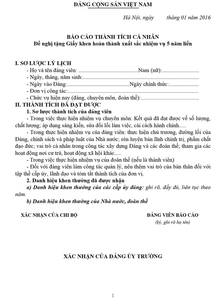 Mẫu báo cáo thành tích cá nhân cho Đảng viên