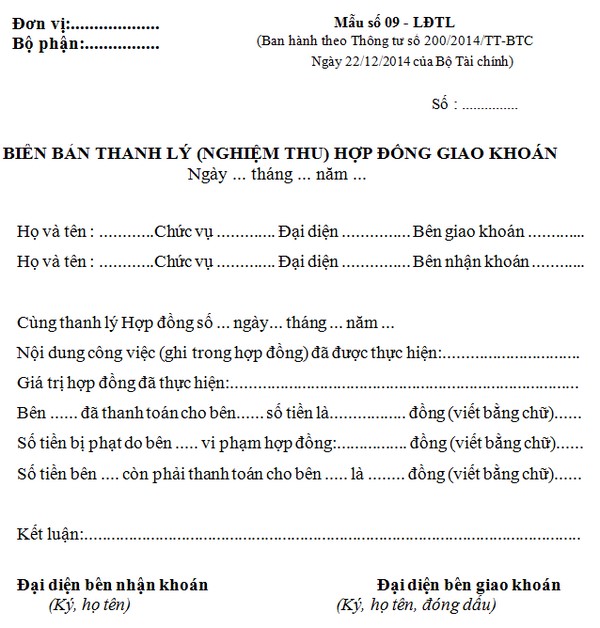 Mẫu biên bản nghiệm thu và thanh lý hợp đồng giao khoán Mẫu biên bản nghiệm thu và thanh lý hợp đồng giao khoán