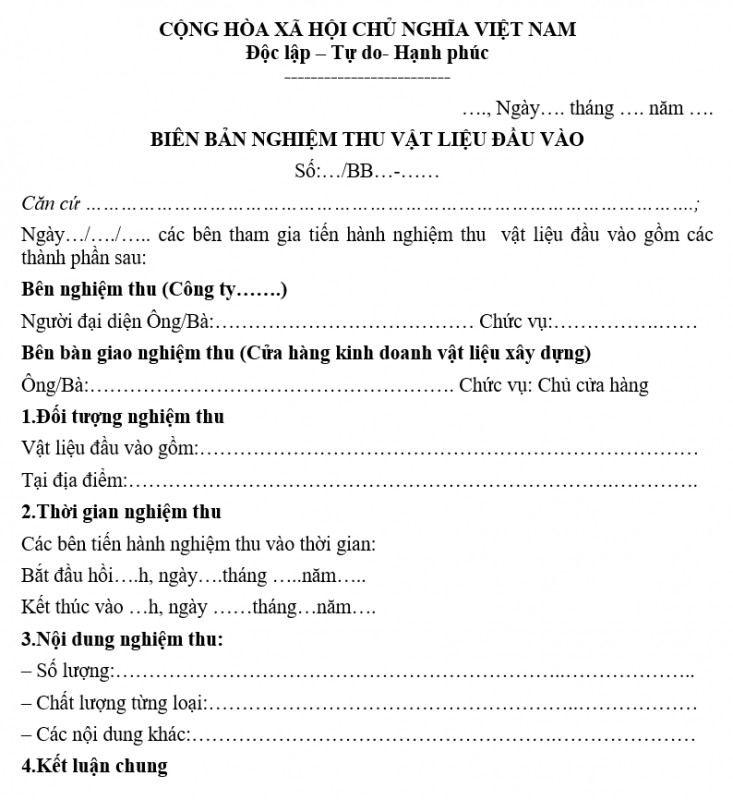 Mẫu biên bản nghiệm thu vật liệu đầu vào Mẫu biên bản nghiệm thu vật liệu đầu vào