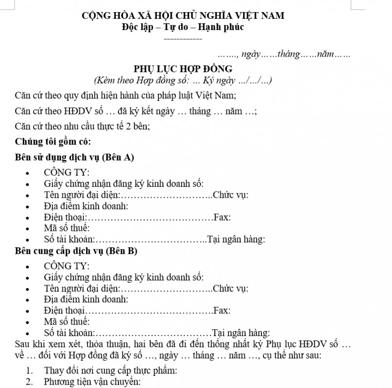phụ lục hợp đồng dịch vụ