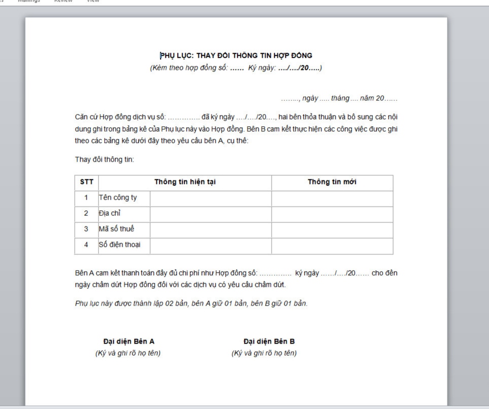 phụ lục hợp đồng thay đổi thông tin hợp đồng