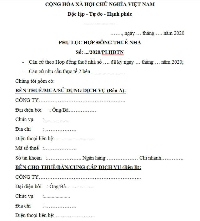 phụ lục hợp đồng thuê nhà