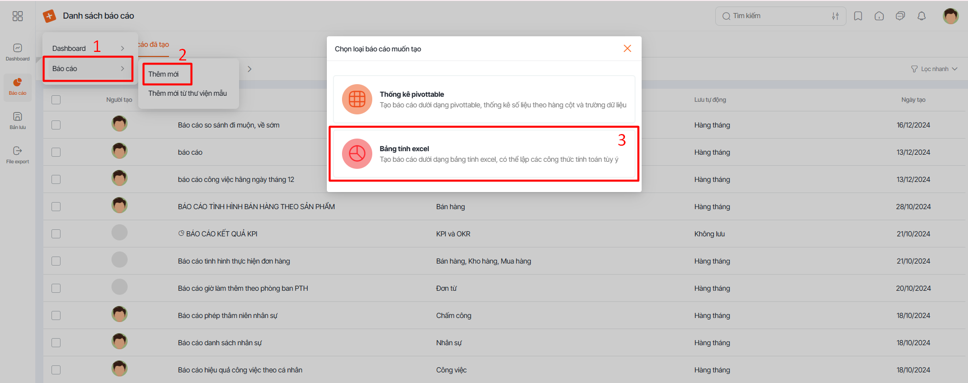 Tạo mới báo cáo nâng cao dạng excel