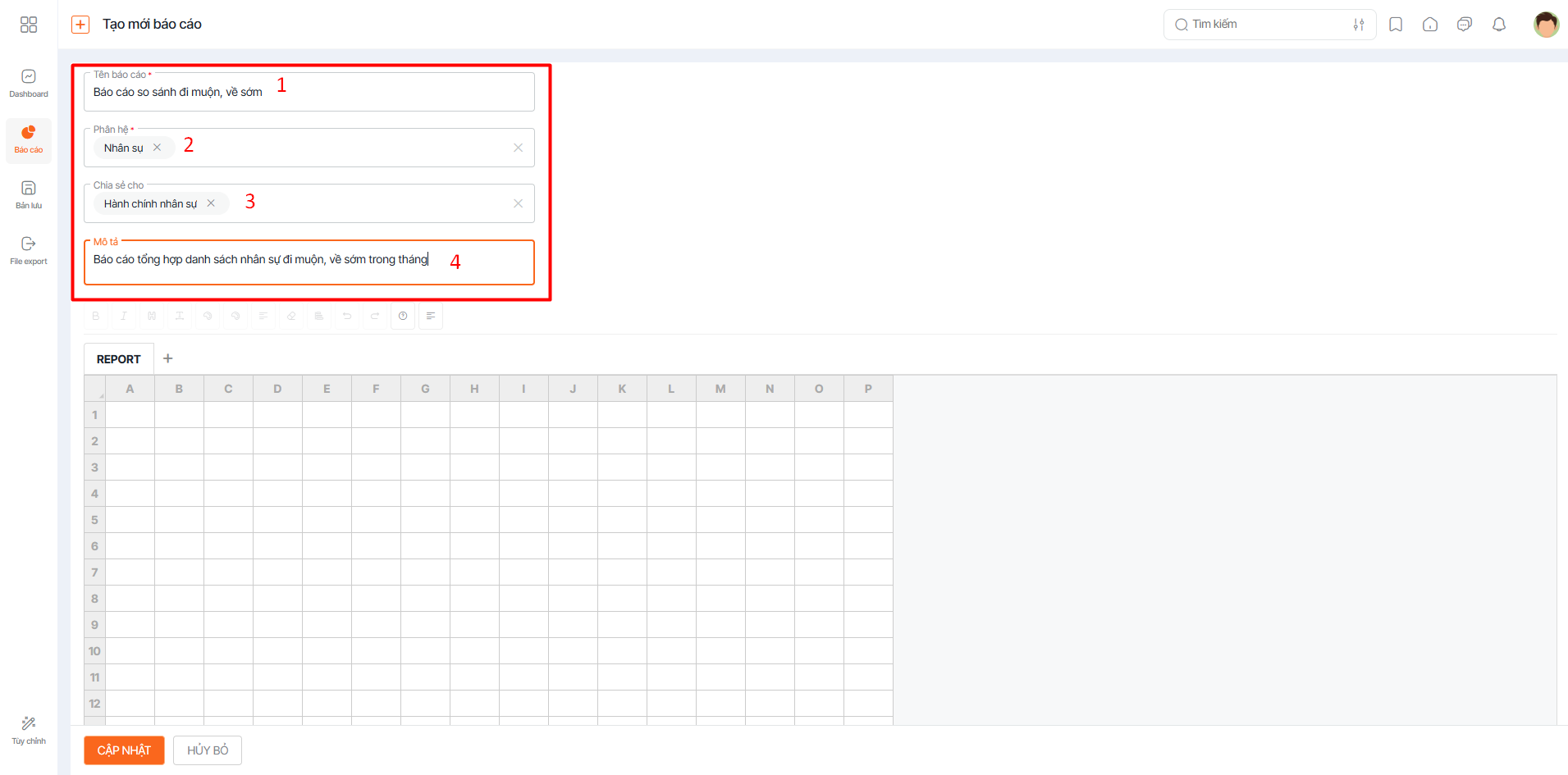 Thiết lập các thông tin trong form tạo mới báo cáo nâng cao dạng excel