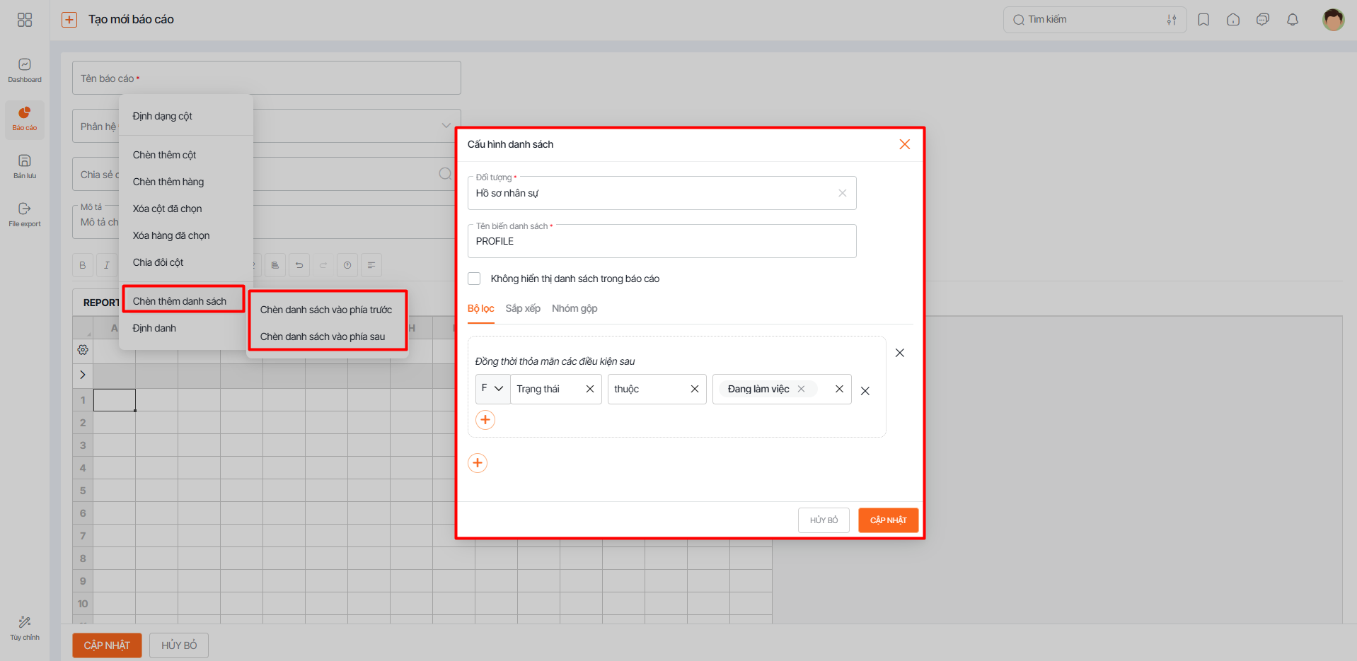 Cấu hình danh sách trong form tạo mới báo cáo nâng cao dạng excel