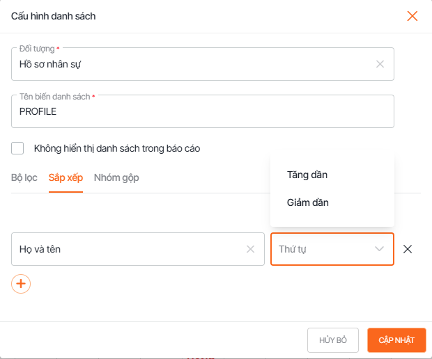 Sắp xếp dữ liệu khi cấu hình danh sách trong form tạo mới báo cáo nâng cao dạng excel
