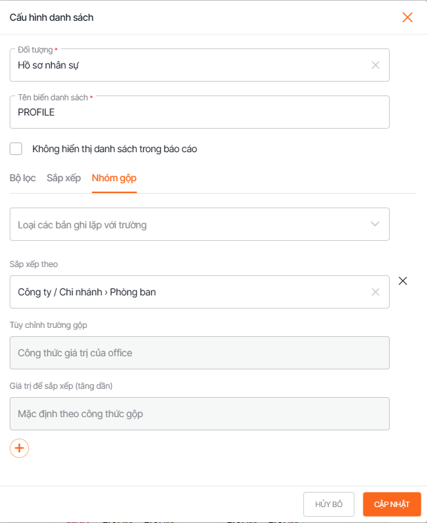 Gộp nhóm dữ liệu khi cấu hình danh sách trong form tạo mới báo cáo nâng cao dạng excel