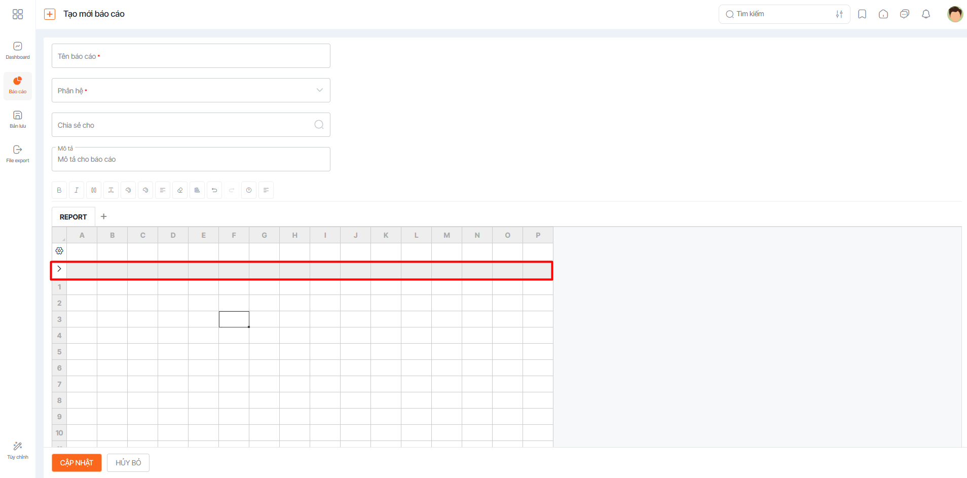 Màn hình hiển thị cấu hình danh sách trong form tạo mới báo cáo nâng cao dạng excel thành công