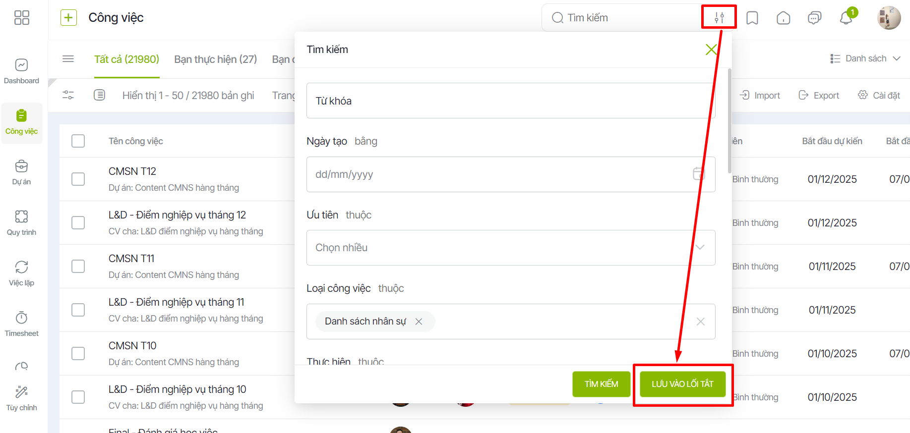 Thiết lập bộ lọc cá nhân bằng cách tạo bộ lọc nâng cao và lưu vào lối tắt