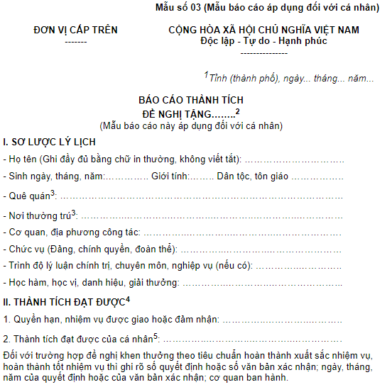 Mẫu báo cáo thành tích đề nghị trao/truy tặng huy chương