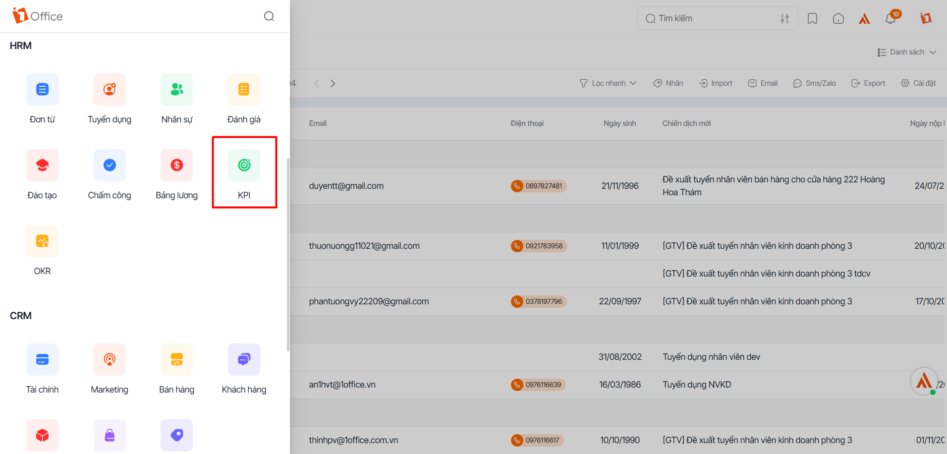 truy cập vào phân hệ KPI