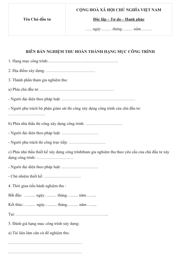 Mẫu biên bản nghiệm thu hoàn thành hạng mục công trình Mẫu biên bản nghiệm thu hoàn thành hạng mục công trình