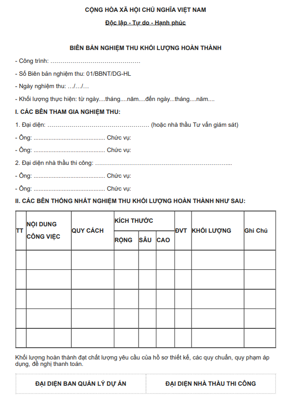 Mỗi biên bản nghiệm thu khối lượng hoàn thành Mỗi biên bản nghiệm thu khối lượng hoàn thành