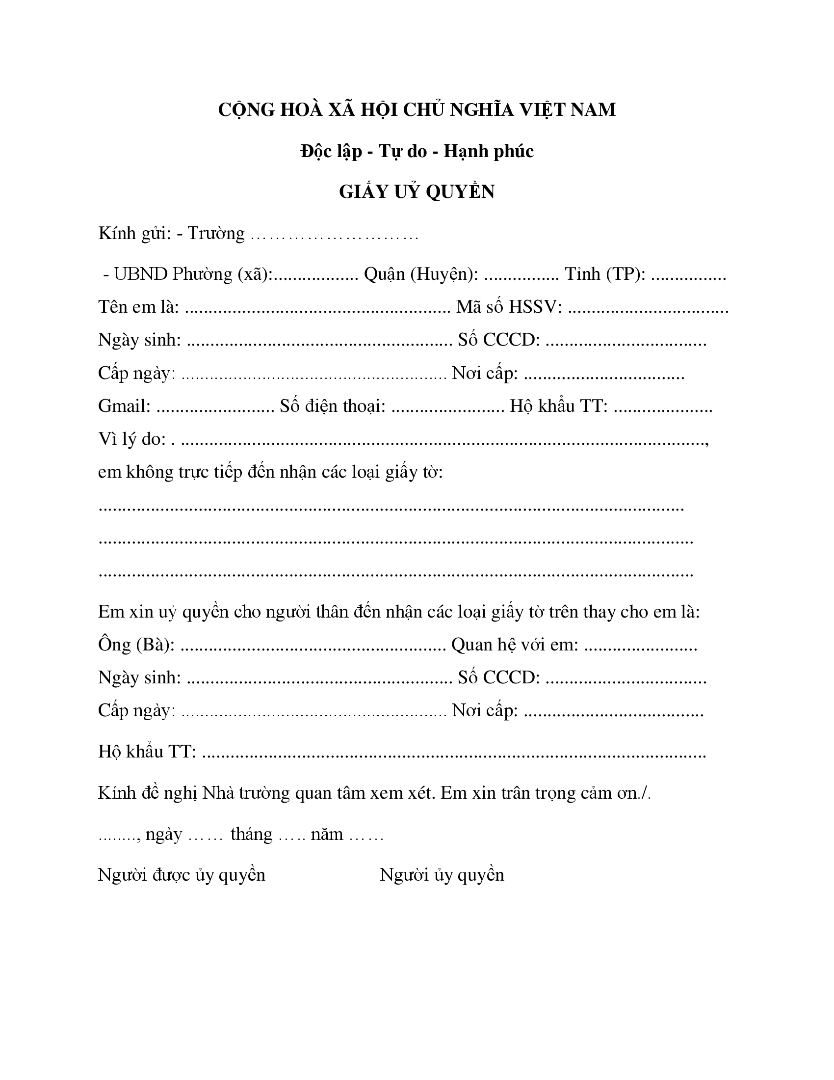 Mẫu giấy uỷ quyền cho người thân Mẫu giấy uỷ quyền cho người thân