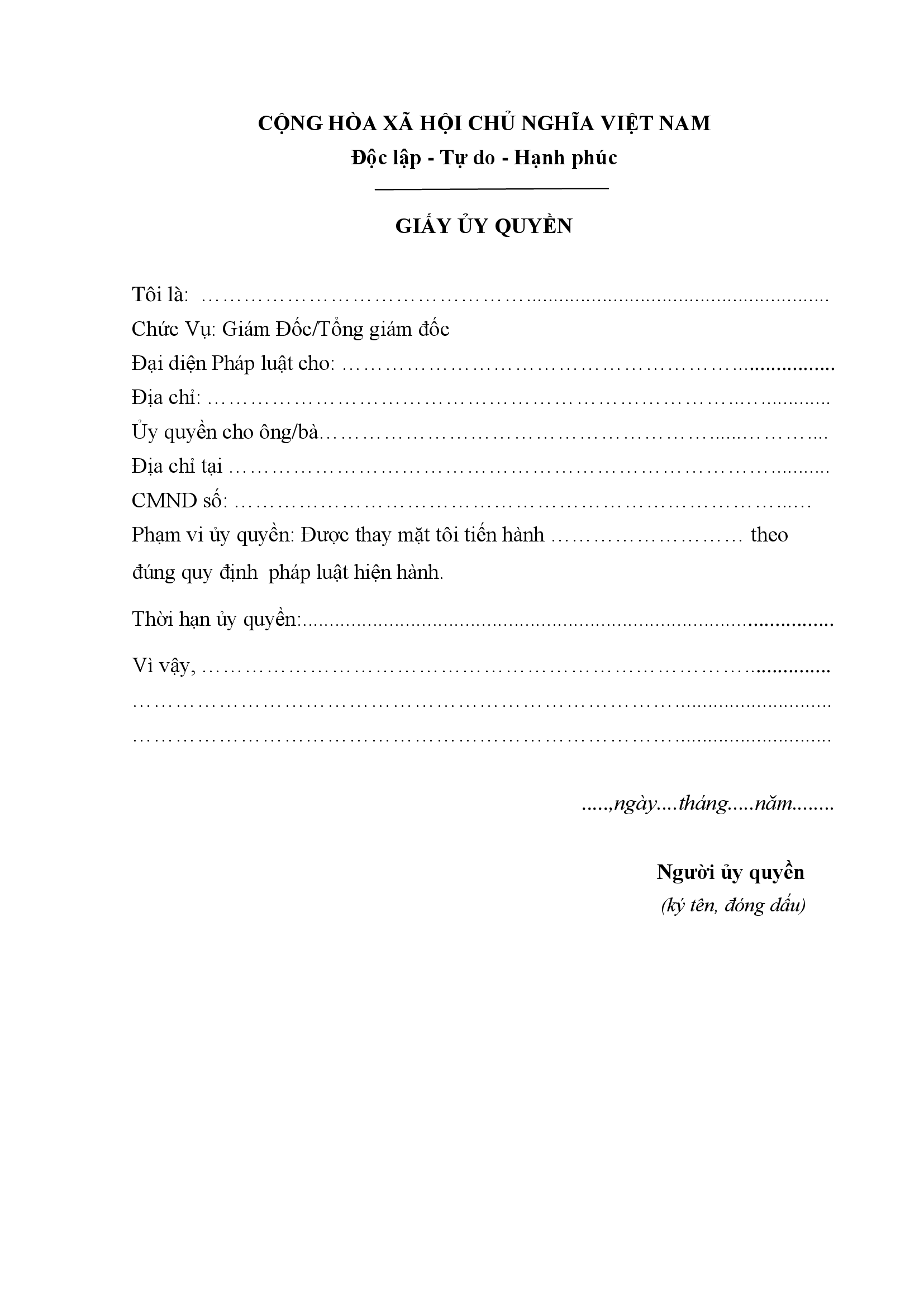 Mẫu giấy uỷ quyền công ty cho cá nhân Mẫu giấy uỷ quyền công ty cho cá nhân
