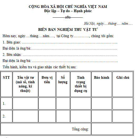 Mẫu biên bản nghiệm thu vật tư Mẫu biên bản nghiệm thu vật tư
