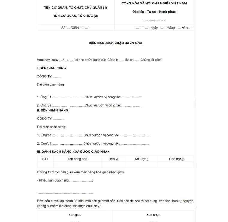 Mẫu biên nhận hàng hóa cho doanh nghiệp B2B