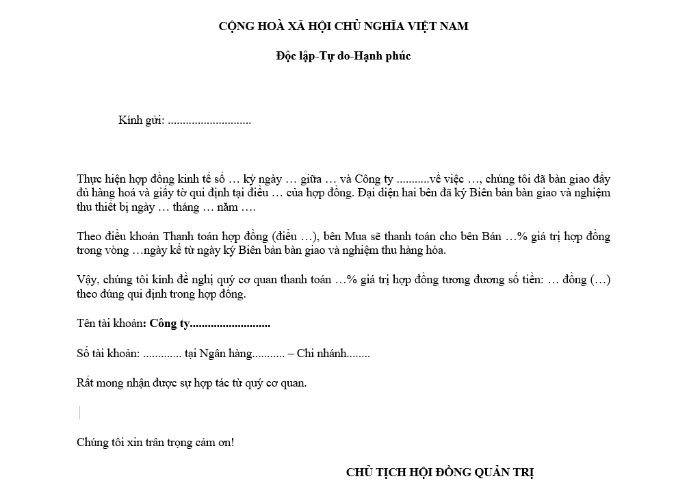 Mẫu đề nghị thanh toán số 4