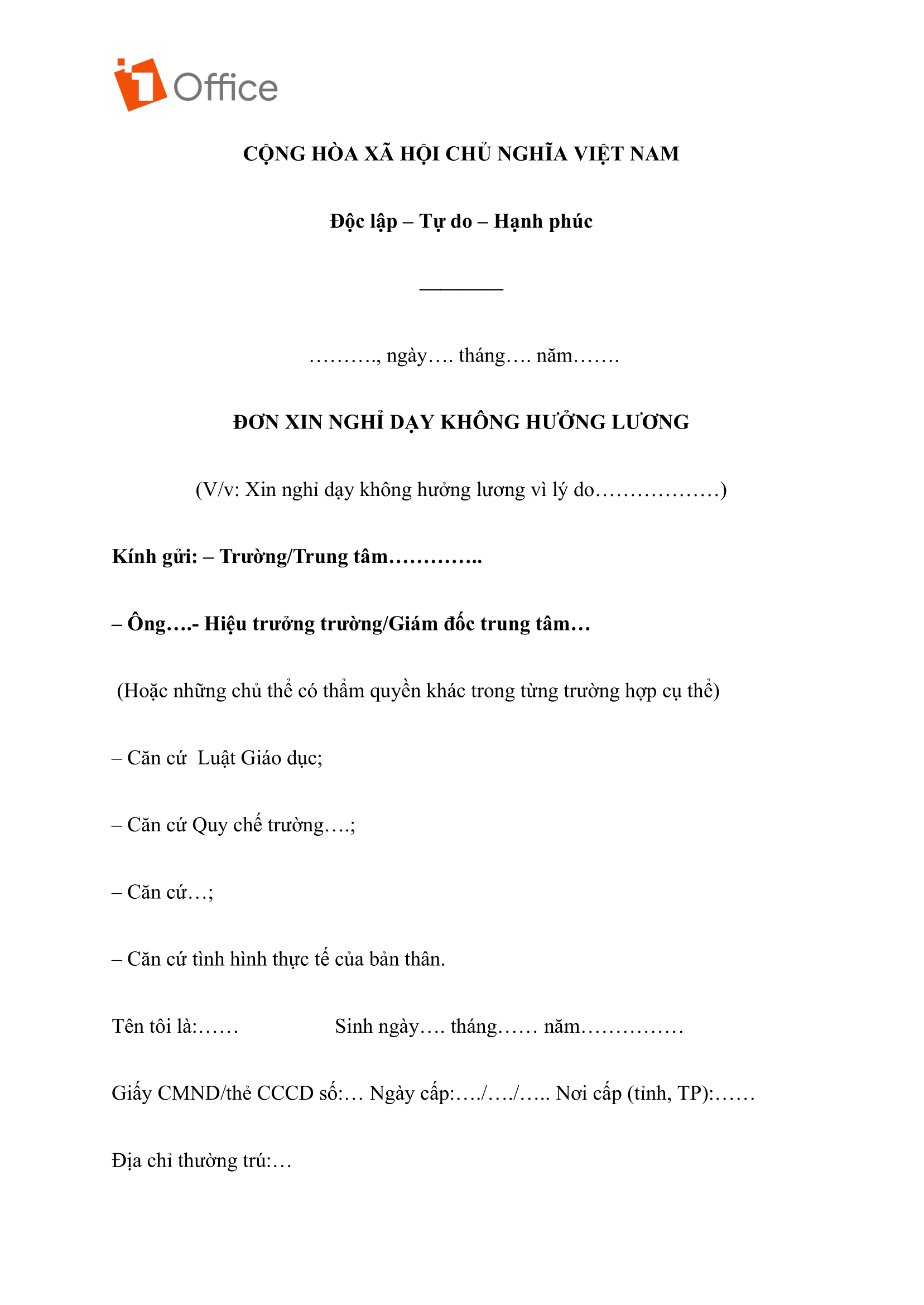 Mẫu đơn xin nghỉ không lương dành cho giáo viên Mẫu đơn xin nghỉ không lương dành cho giáo viên