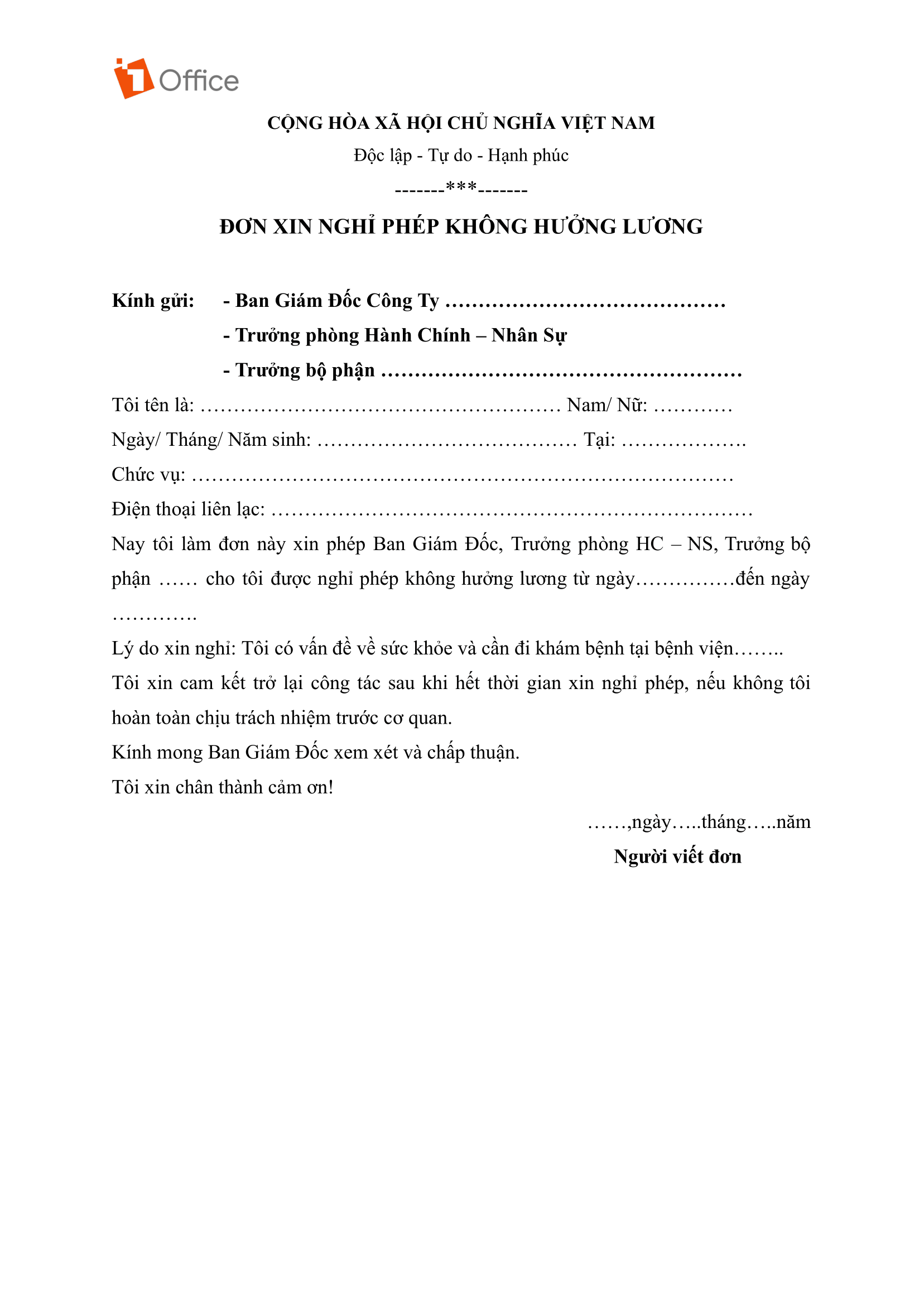 Mẫu đơn xin nghỉ không lương do đau ốm, chữa bệnh Mẫu đơn xin nghỉ không lương do đau ốm, chữa bệnh