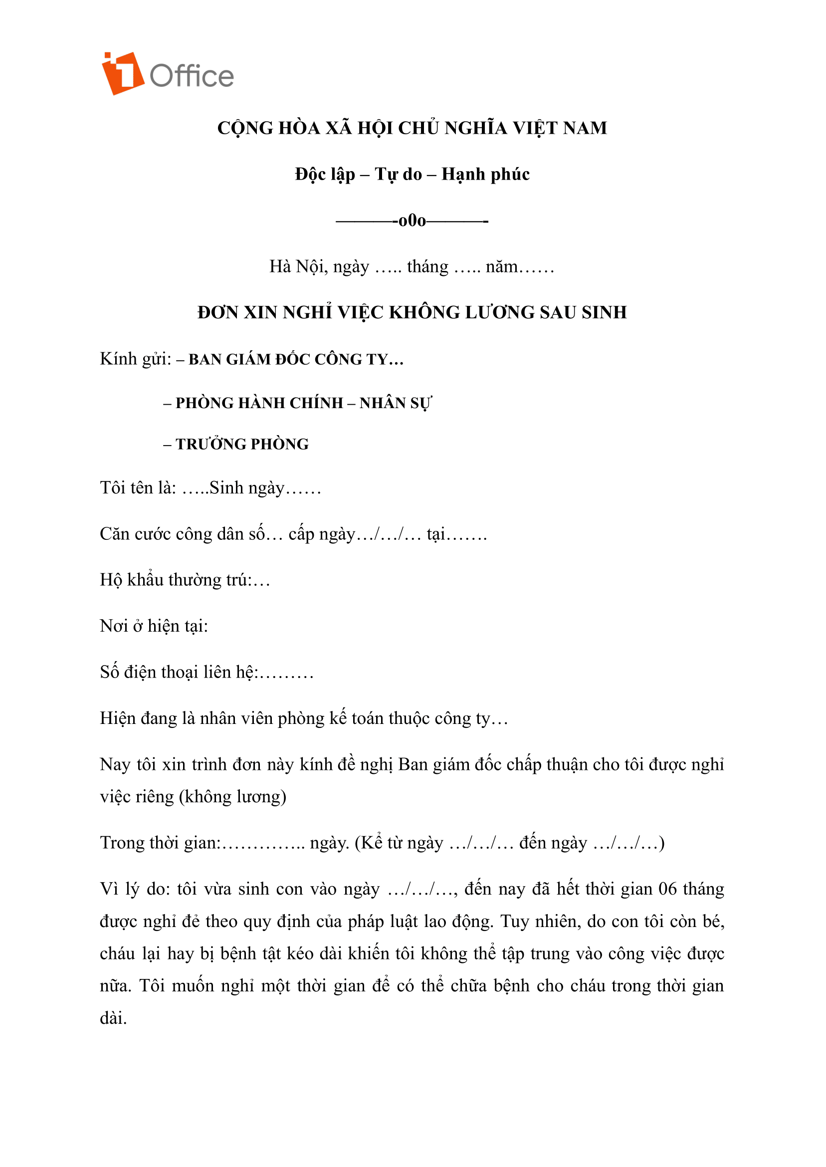 Mẫu đơn xin nghỉ không lương sau sinh Mẫu đơn xin nghỉ không lương sau sinh