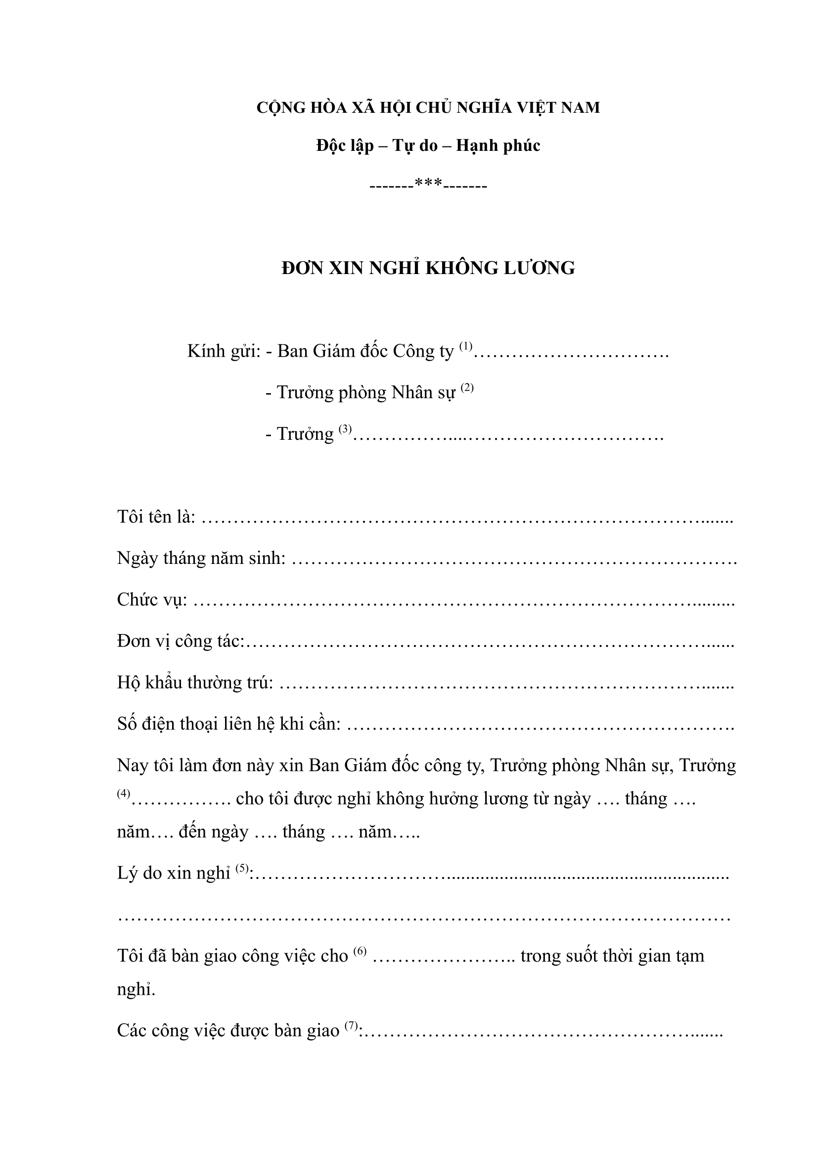 Mẫu đơn xin nghỉ không lương thông thường Mẫu đơn xin nghỉ không lương thông thường