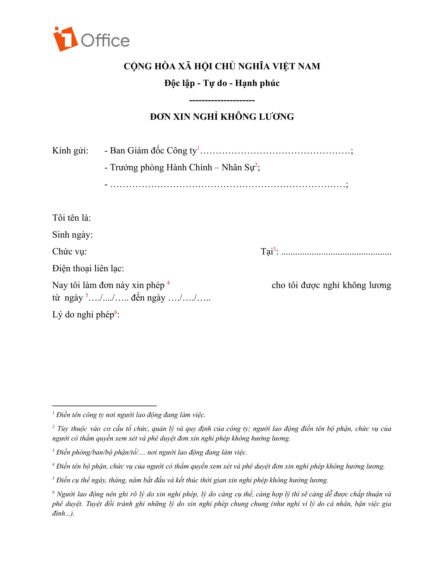 Mẫu đơn xin nghỉ không lương thông thường số 2 Mẫu đơn xin nghỉ không lương thông thường số 2