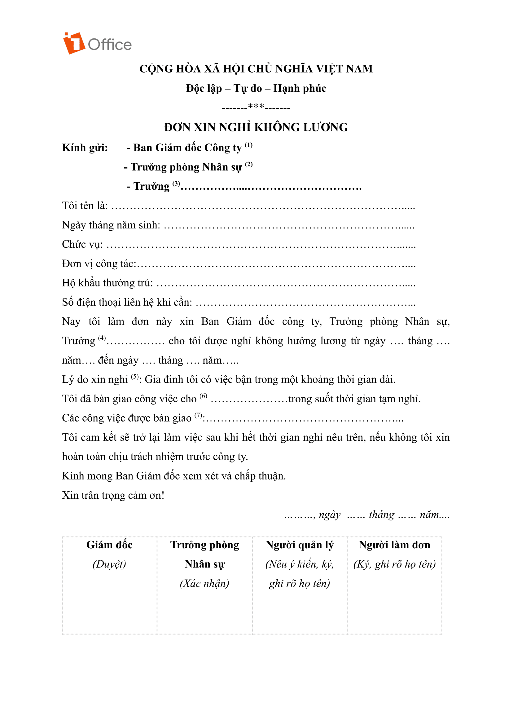 Mẫu đơn xin nghỉ không lương vì lý do gia đình Mẫu đơn xin nghỉ không lương vì lý do gia đình