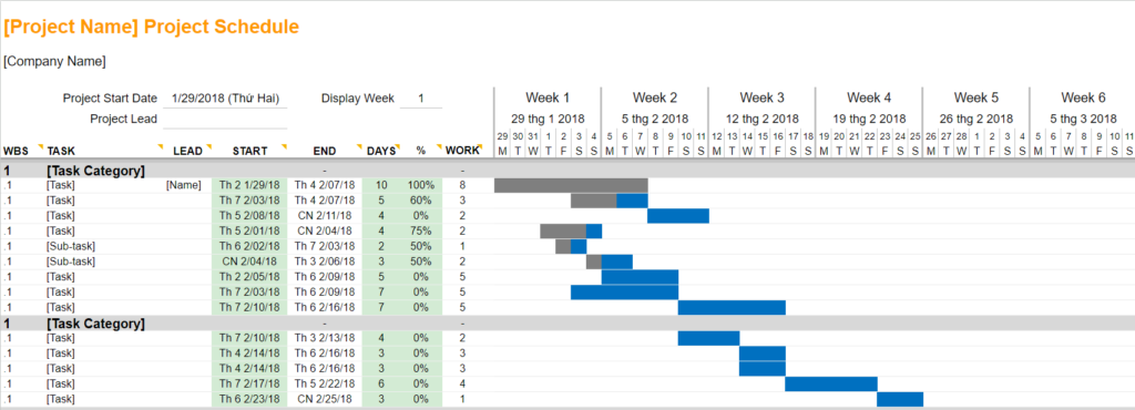 Mẫu bảng quản lý dự án bằng Gantt Chart