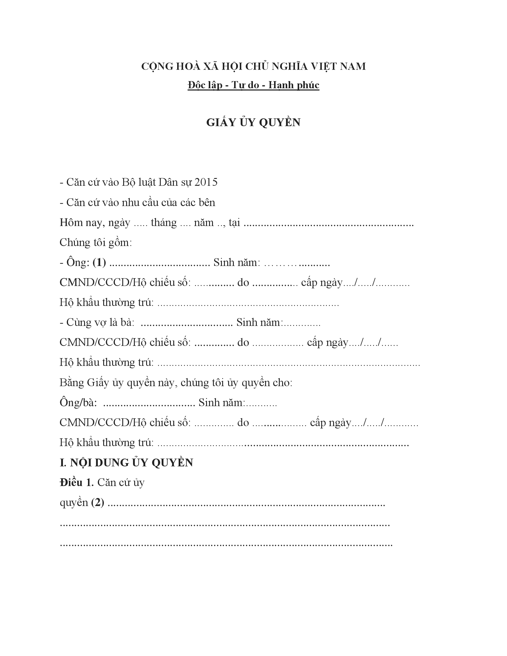 Mẫu giấy uỷ quyền cá nhân cho cá nhân Mẫu giấy uỷ quyền cá nhân cho cá nhân