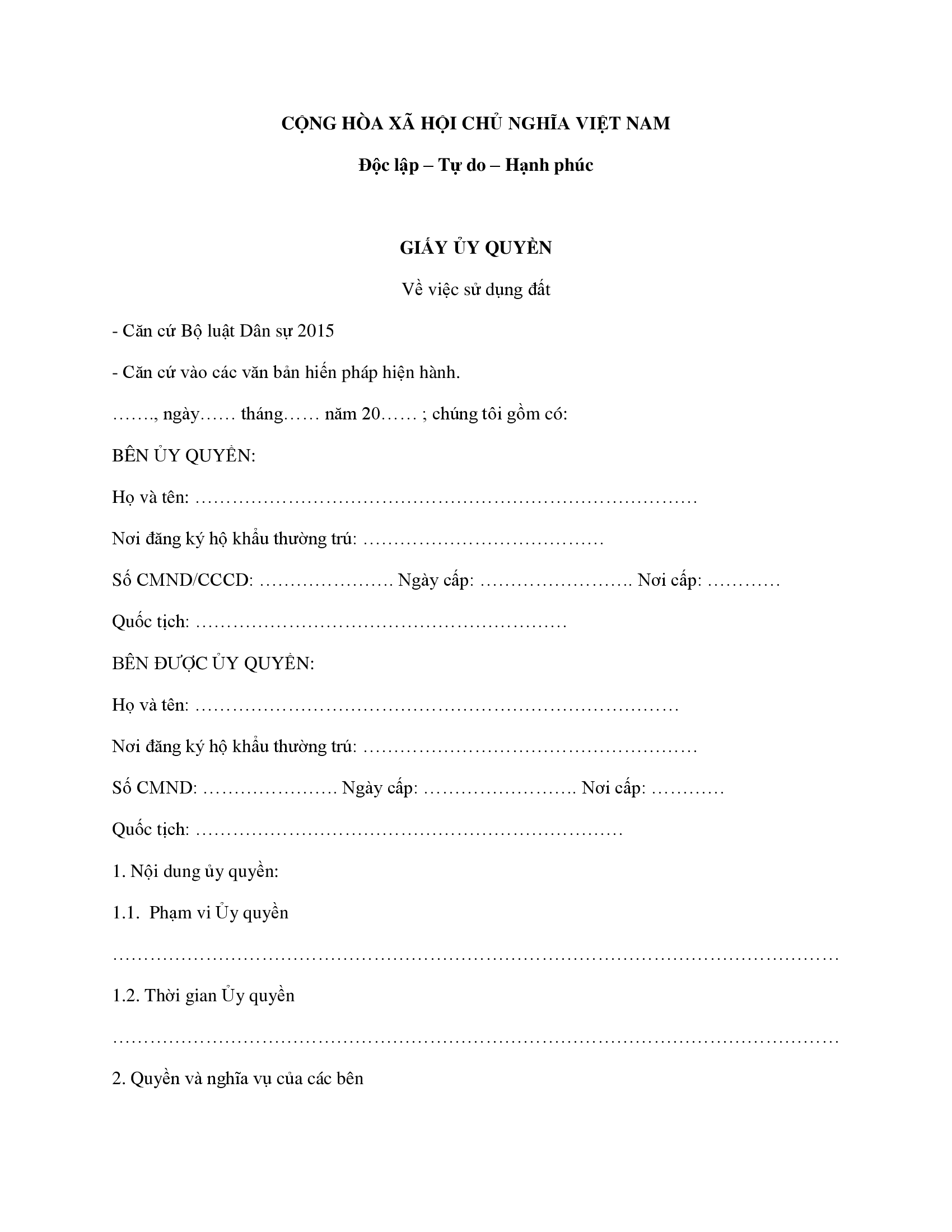 Mẫu giấy uỷ quyền đất đai Mẫu giấy uỷ quyền đất đai