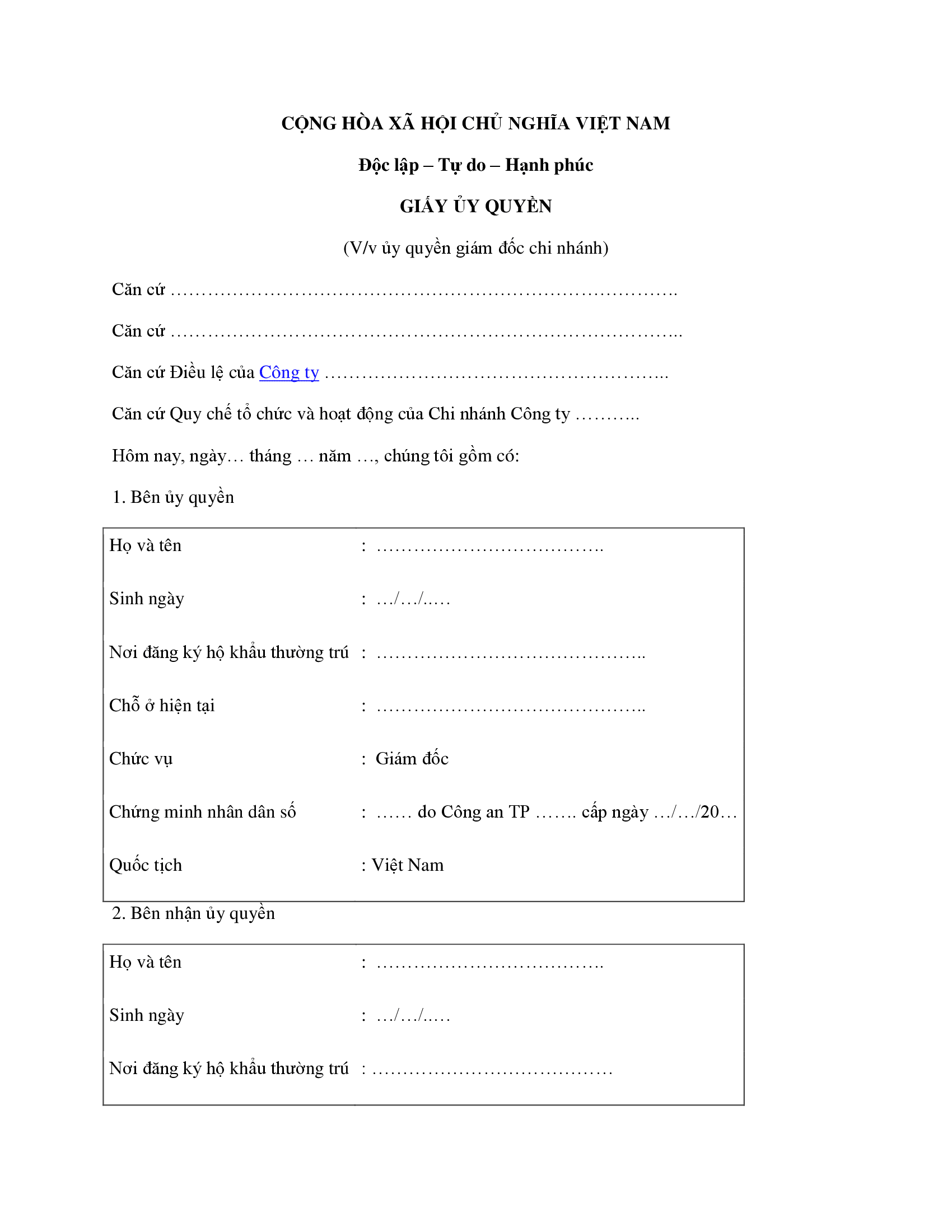 Mẫu giấy uỷ quyền giải quyết công việc Mẫu giấy uỷ quyền giải quyết công việc