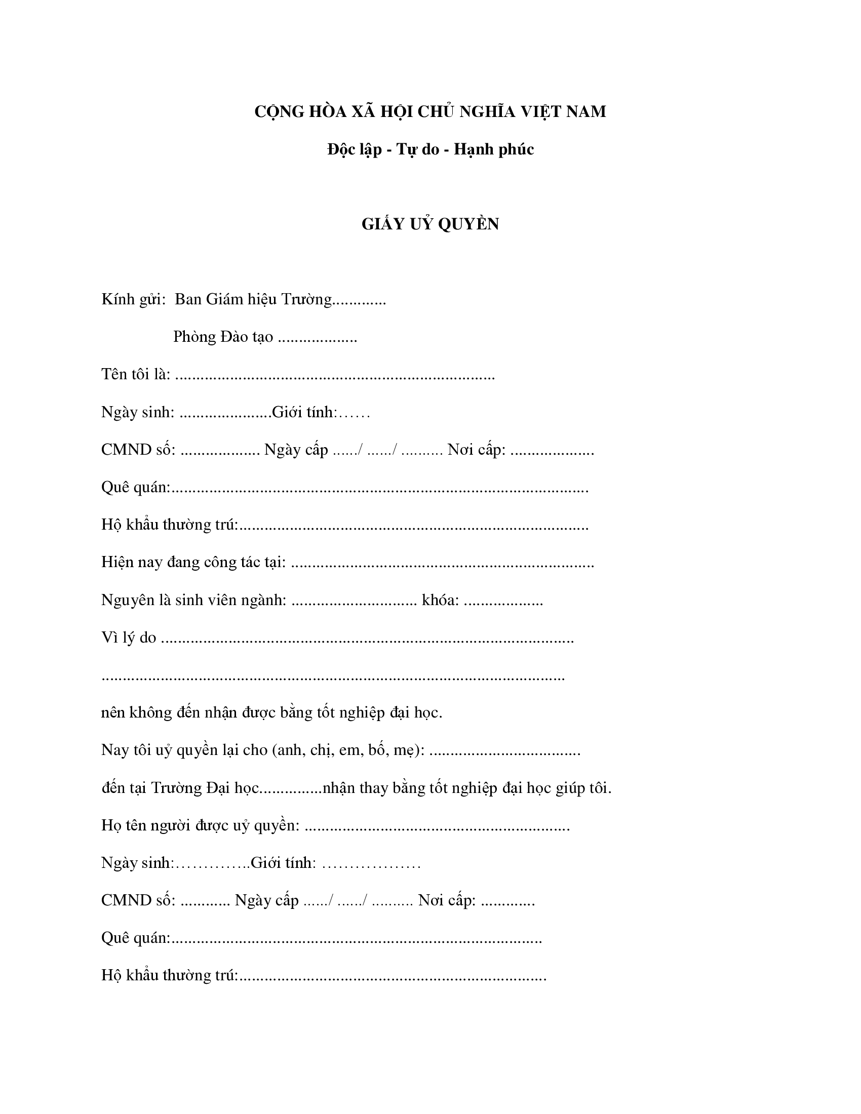 Mẫu giấy uỷ quyền nhận bằng tốt nghiệp Mẫu giấy uỷ quyền nhận bằng tốt nghiệp