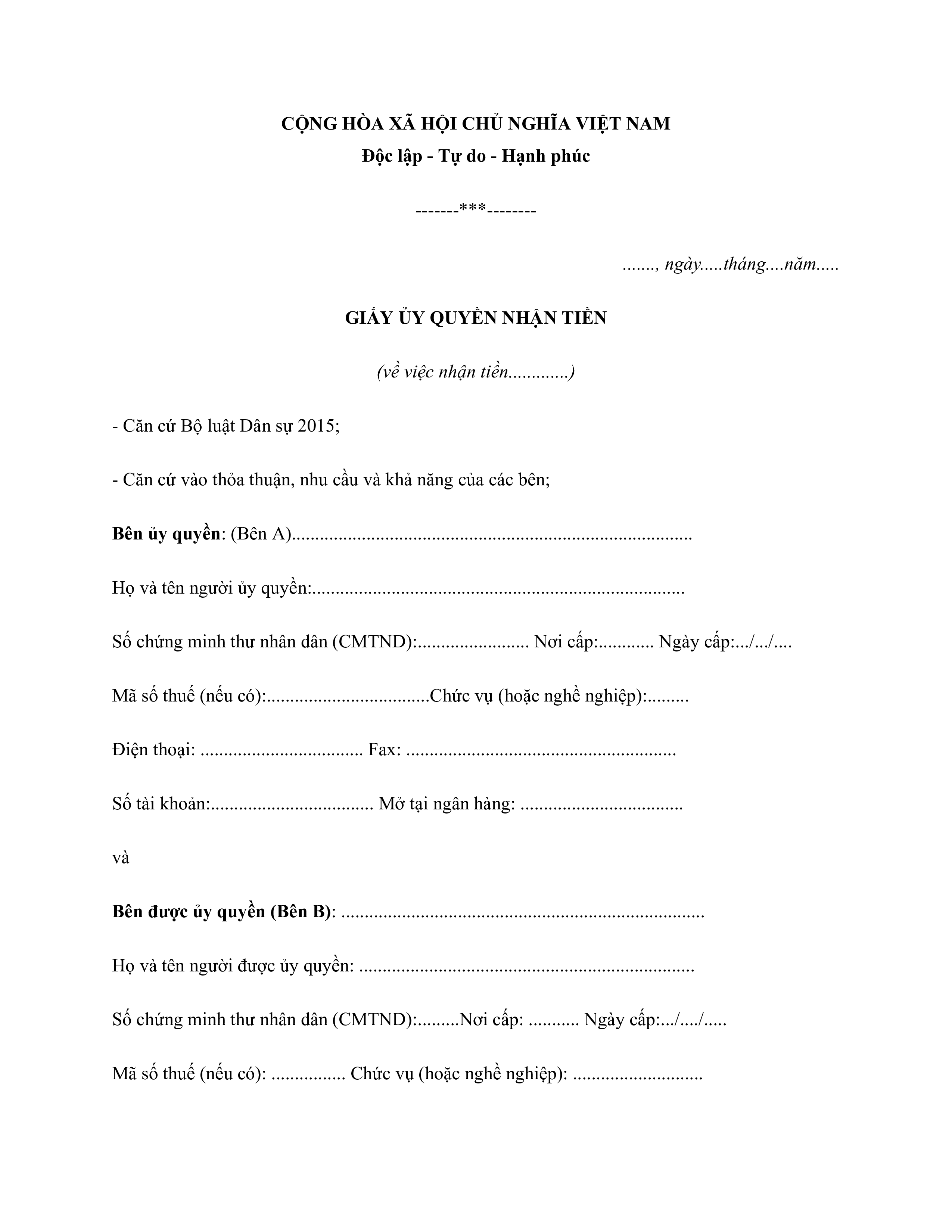 Mẫu giấy uỷ quyền nhận tiền 2