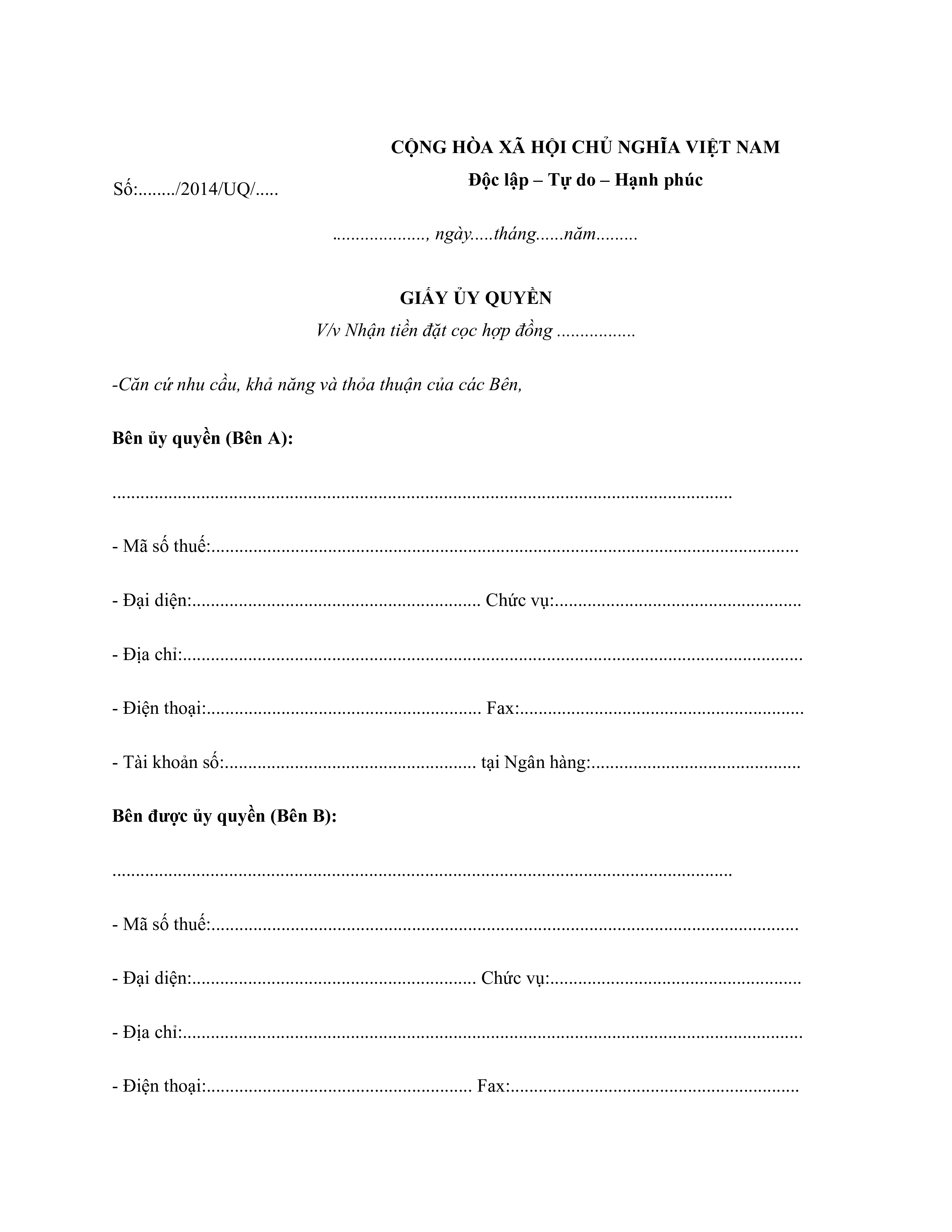 Mẫu giấy uỷ quyền nhận tiền đặt cọc