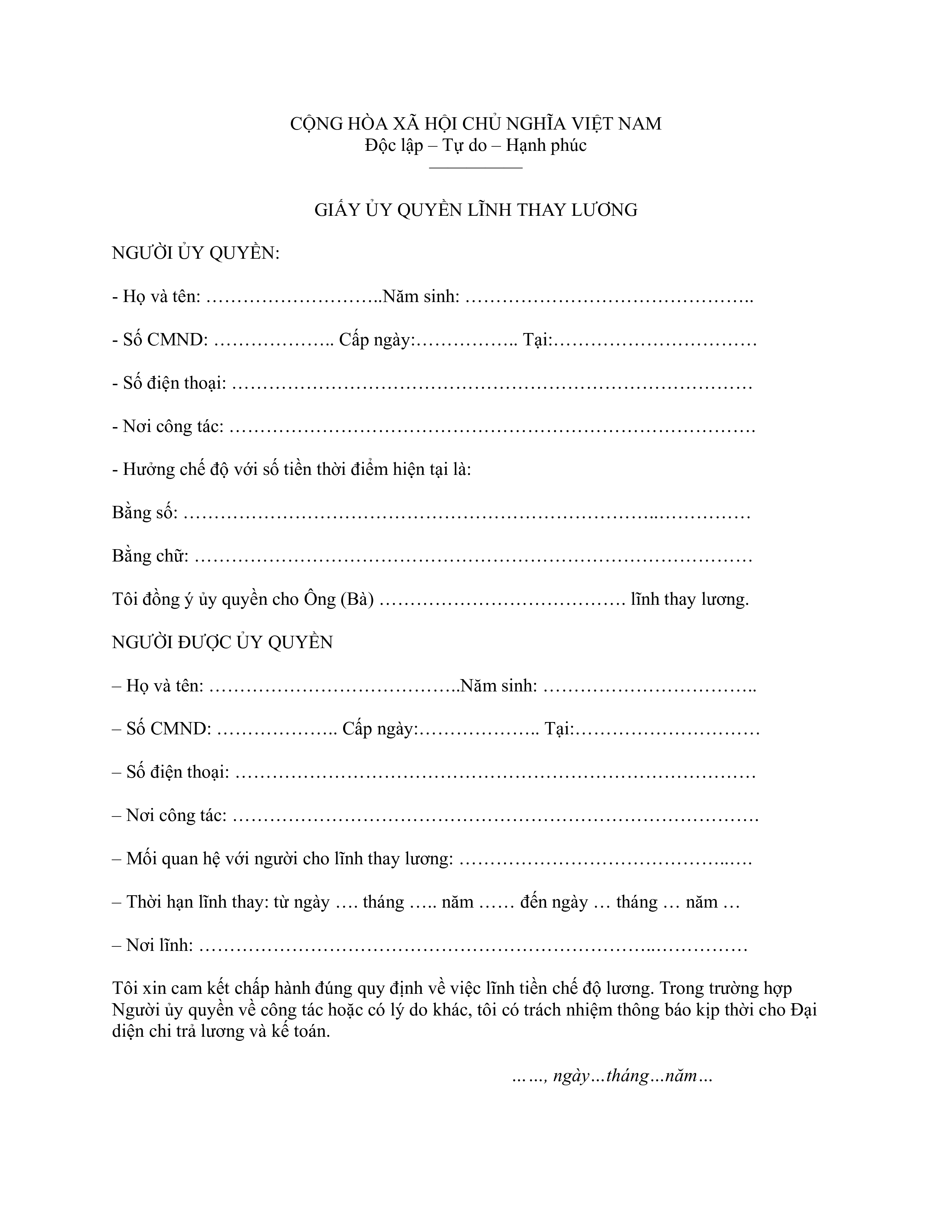 Mẫu giấy uỷ quyền nhận tiền lương