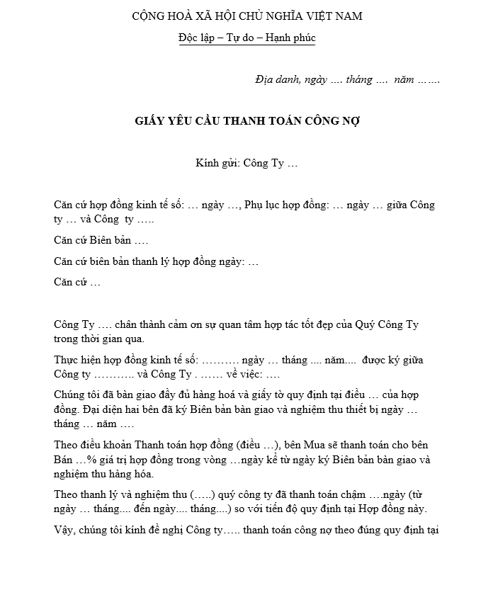 Mẫu giấy yêu cầu thanh toán công nợ