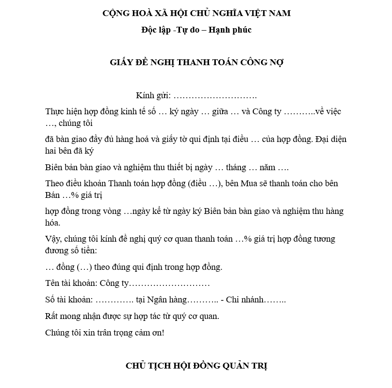 Mẫu mẫu đề nghị thanh toán công nợ theo hoá đơn