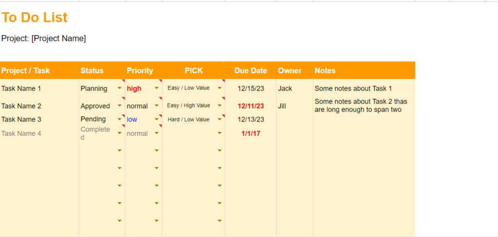 Mẫu bảng theo dõi danh sách công việc Todolist