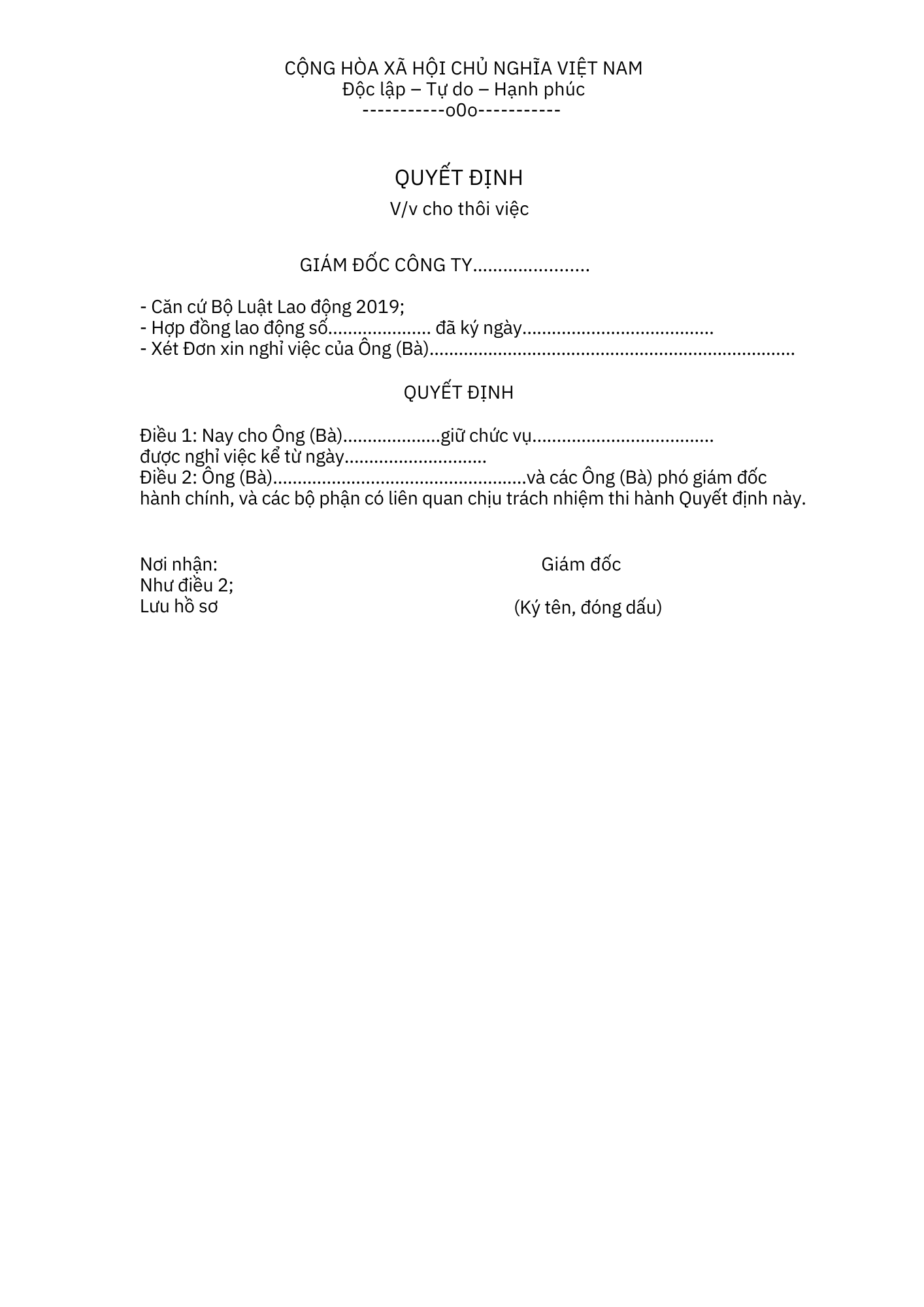 Mẫu quyết định cho thôi việc