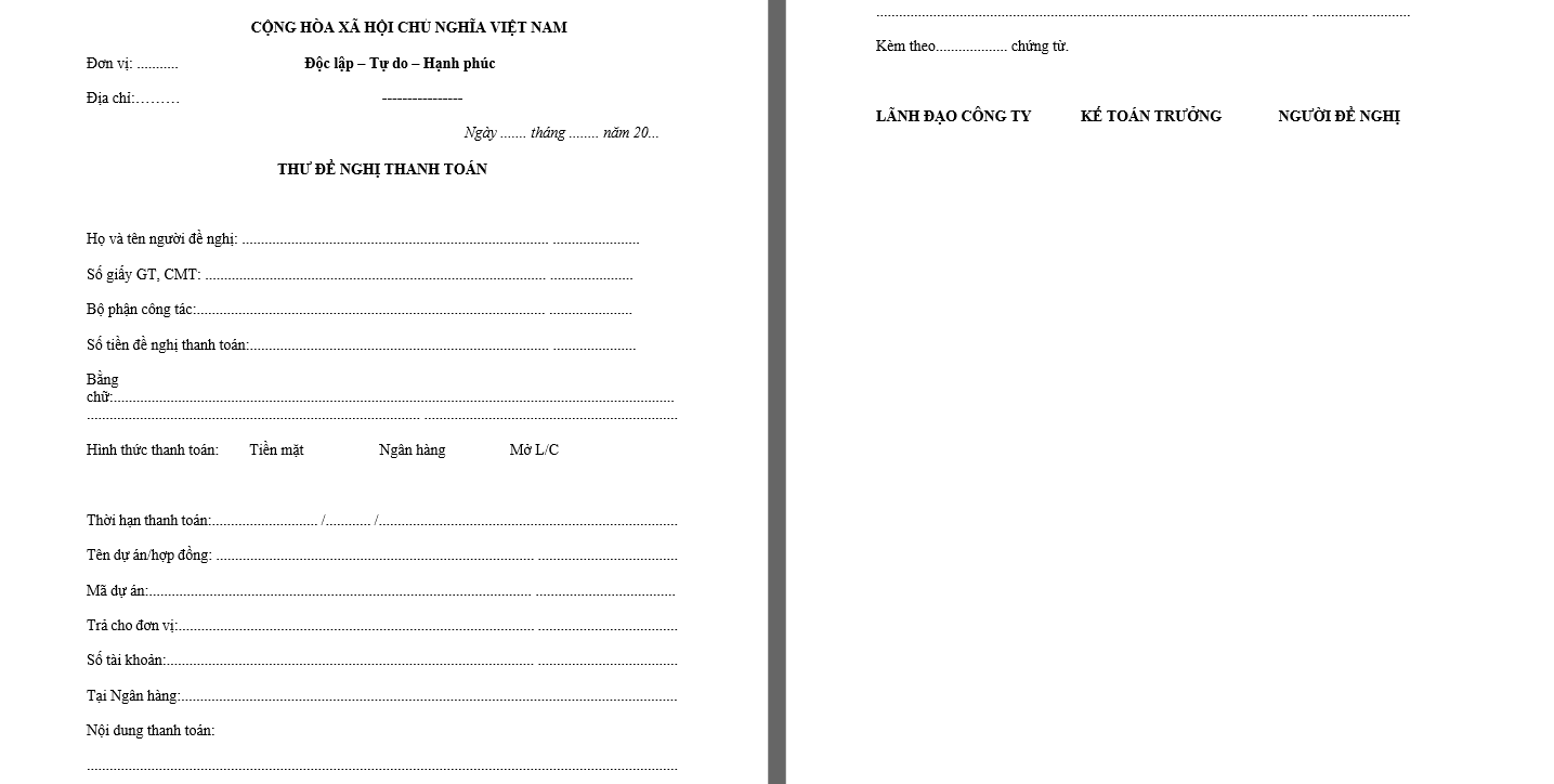 Mẫu thư đề nghị thanh toán