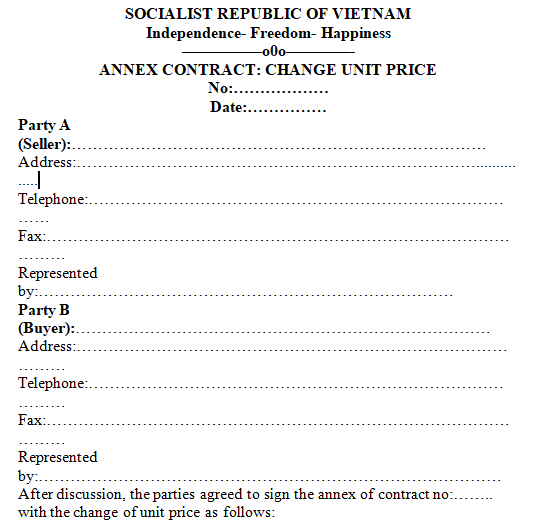 Phụ lục hợp đồng chung bằng tiếng anh