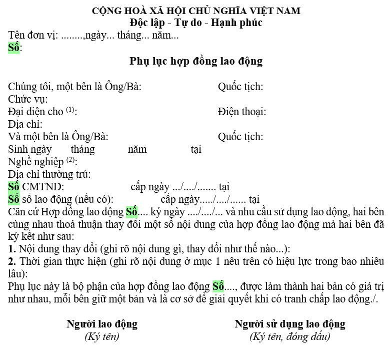 Phụ lục hợp đồng lao động